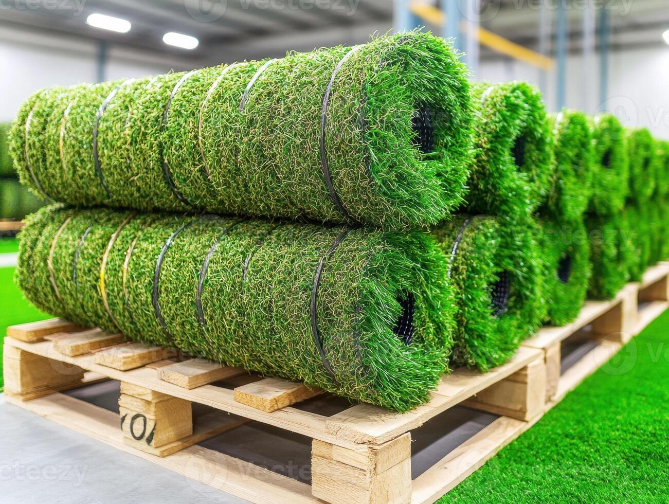 Artificial grass rolls stacked on pallets in a warehouse location photo