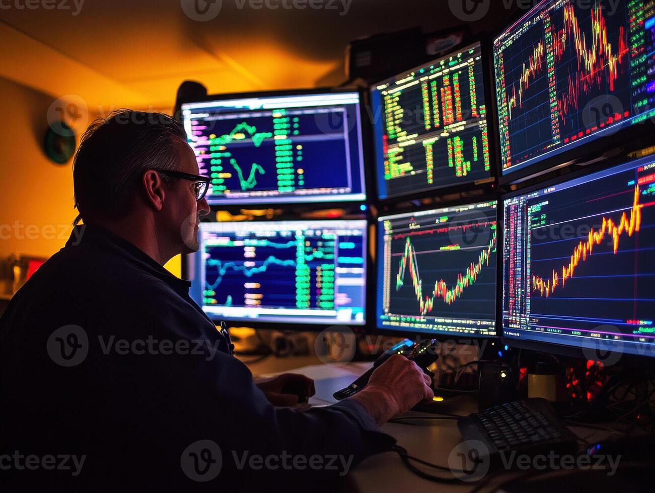 Trader analyzes market trends with multiple screens at night photo