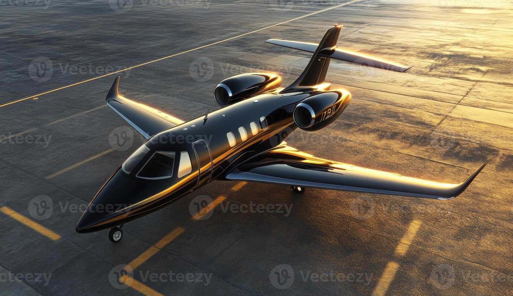 Private jet on runway during golden hour with reflective surface photo