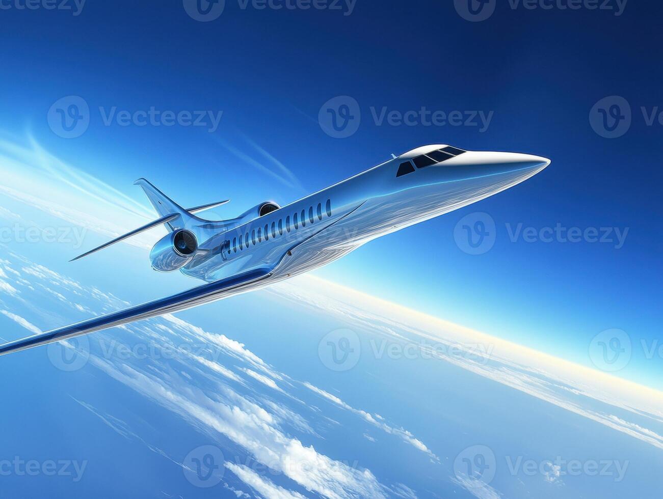 Luxury jet soaring high above the clouds during bright daylight photo