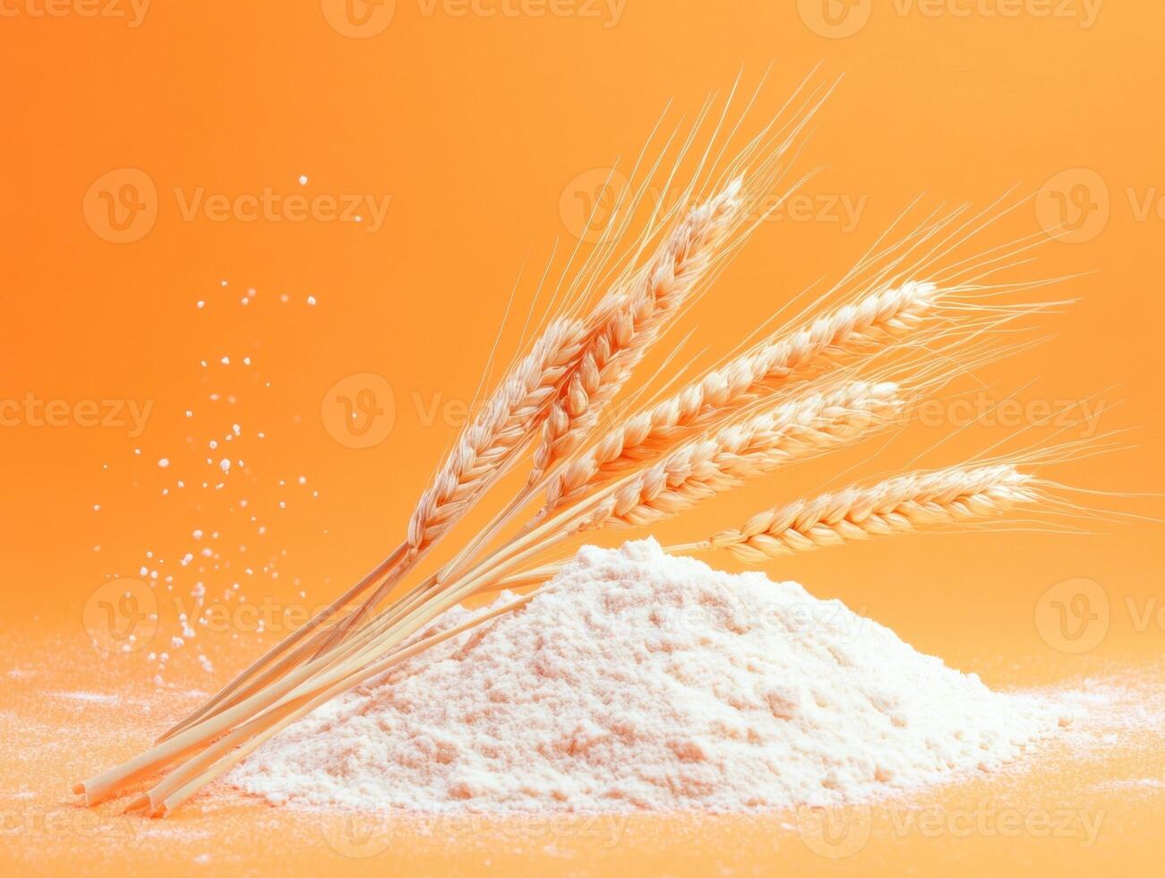 Flour and wheat stalks on vibrant orange background display photo