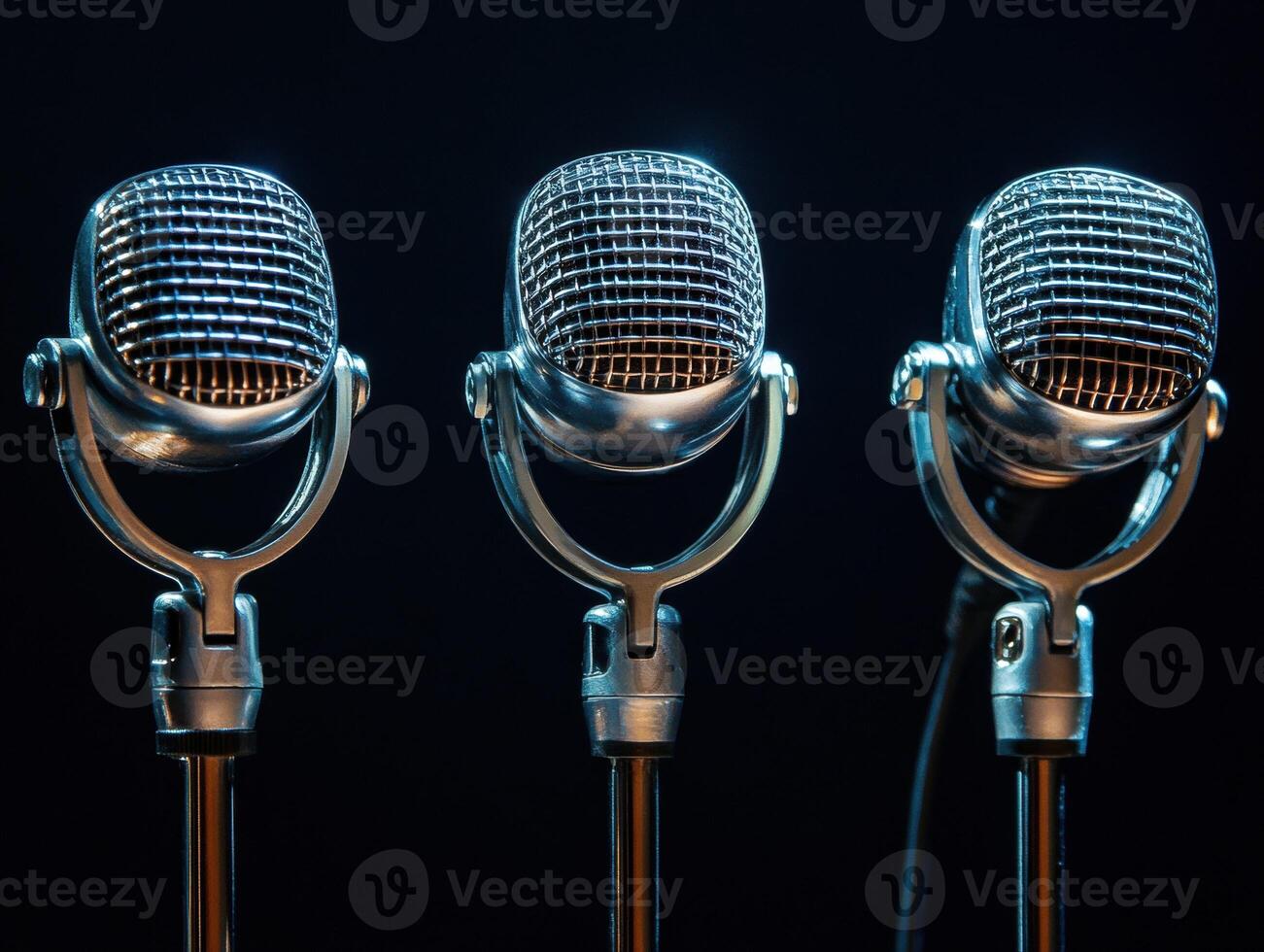 Microphones arranged in a row for a live performance setting photo