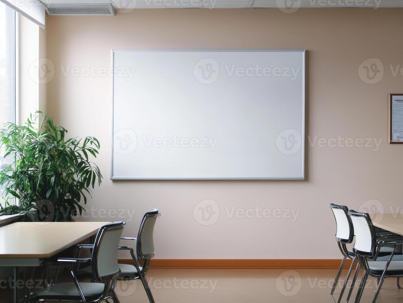 Modern classroom with whiteboard and seating arrangement for learning photo