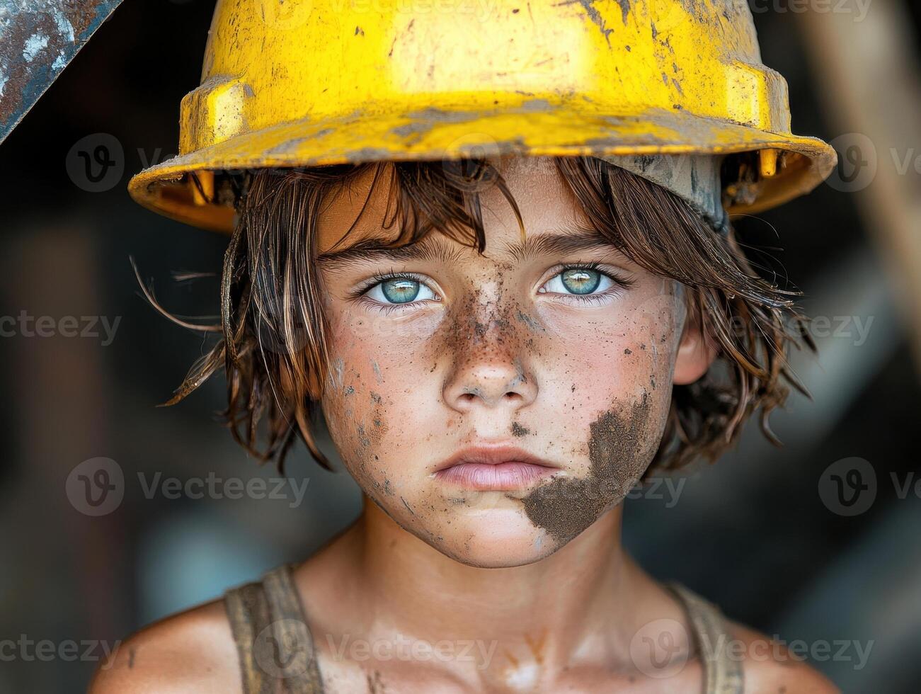 Child miner working in a mine wearing a yellow helmet photo
