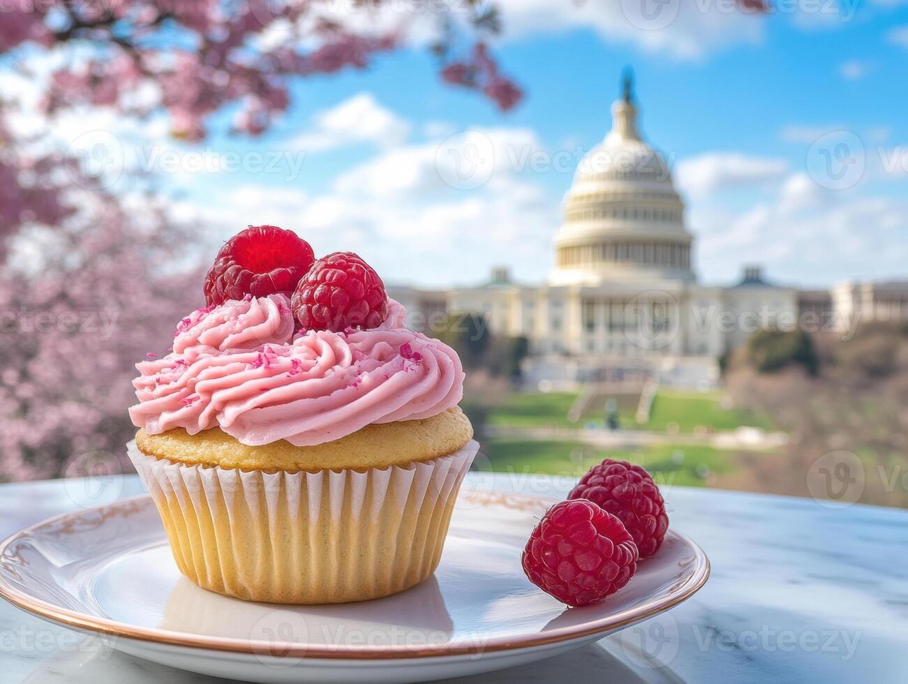 Cupcake with raspberry frosting near Capitol building in spring photo