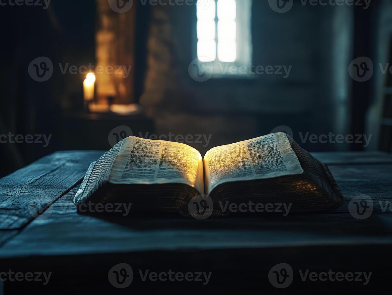 Old book resting on a wooden table illuminated by candlelight photo