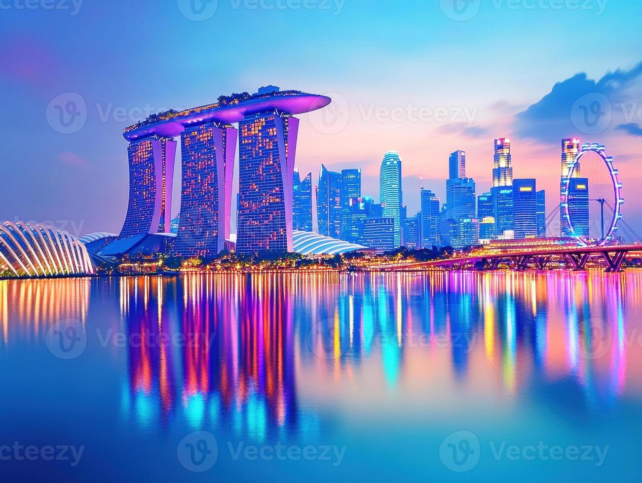 Singapore skyline view at twilight with vibrant reflections photo