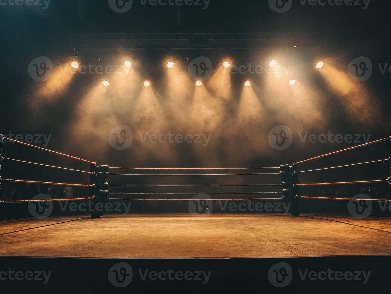 Empty boxing ring illuminated by spotlight in a dark arena photo