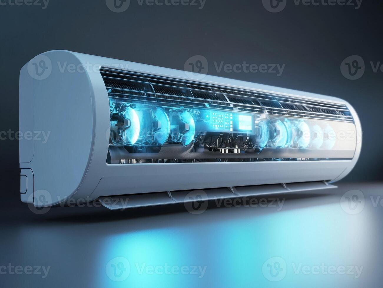 Modern air conditioning unit with blue LED lights and sleek design photo