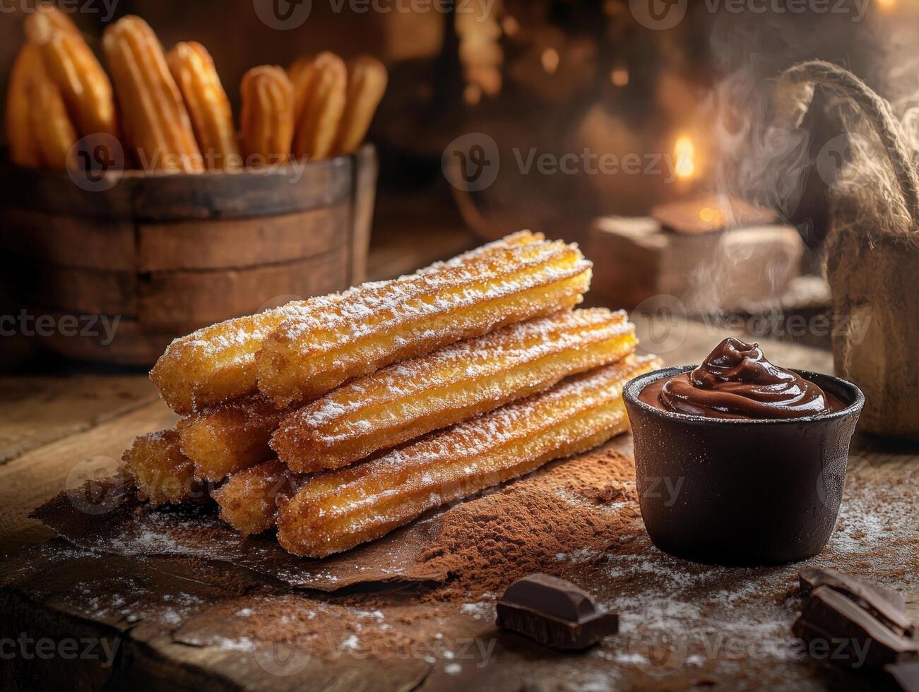 Churros served with chocolate sauce in a rustic setting photo