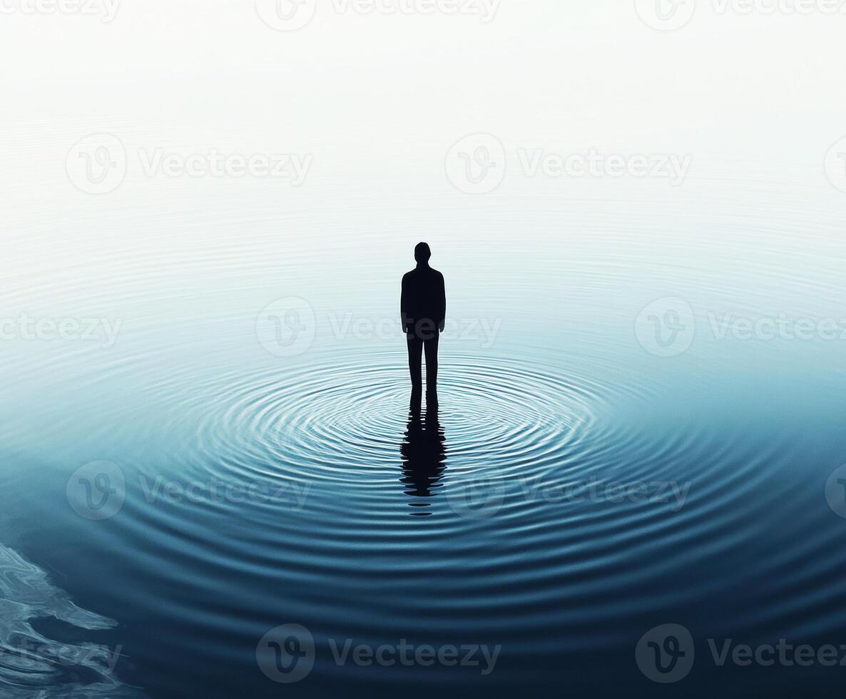 Person standing in calm water creating ripples at dawn photo