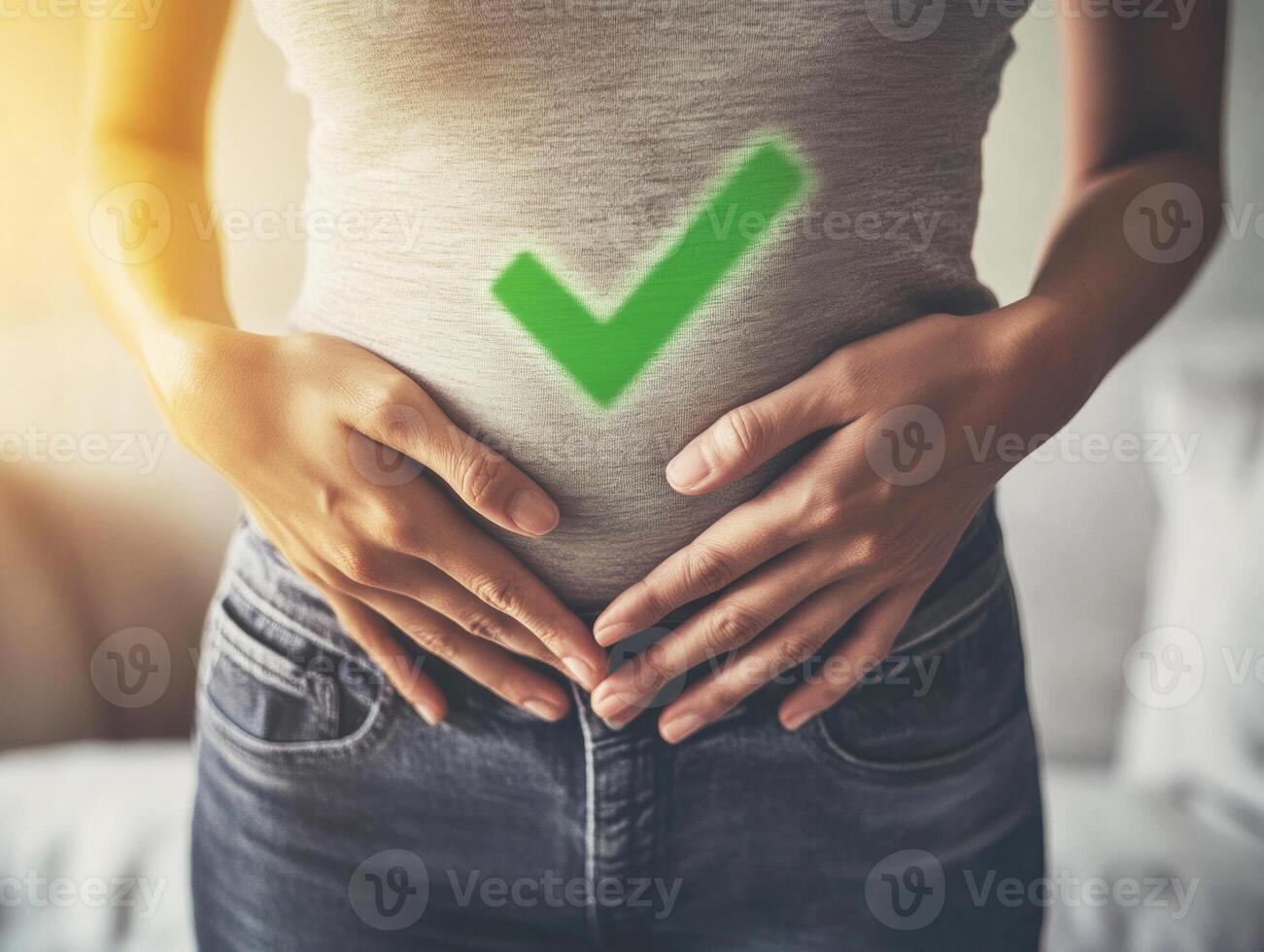 Health check on digestion with hands on stomach in cozy setting photo