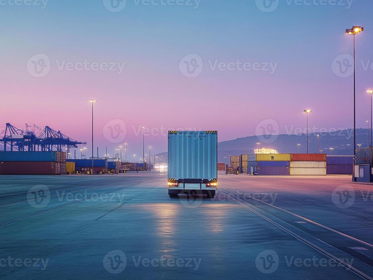 Container truck departing from a loading dock at twilight photo