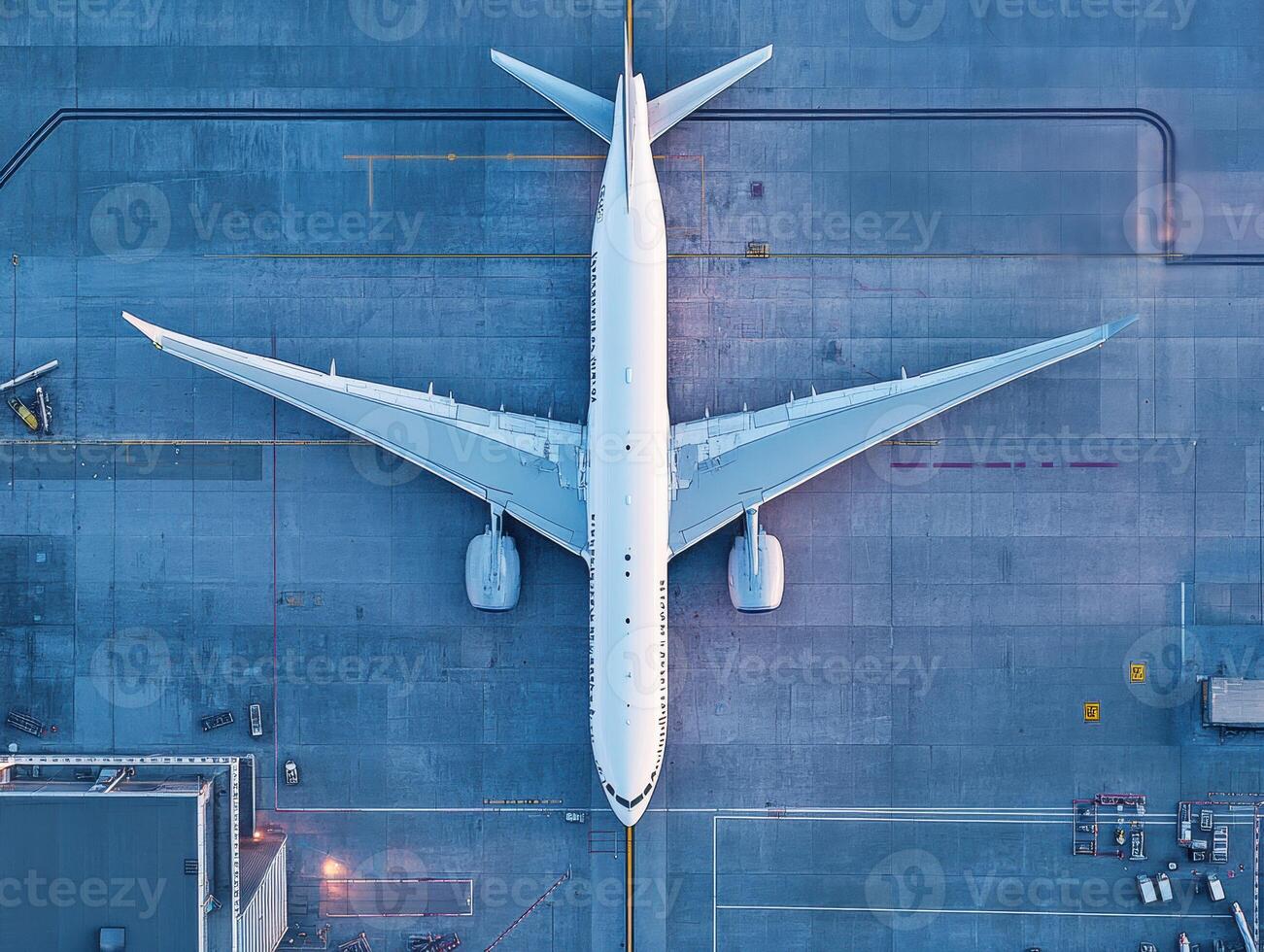 Aerial view of a large passenger aircraft at an airport terminal photo