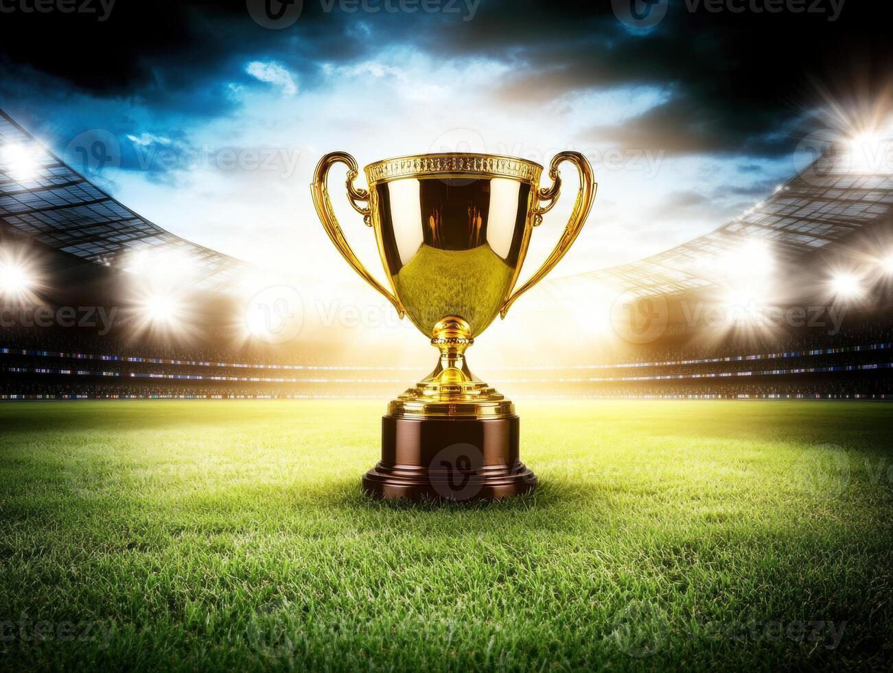 Golden trophy stands on field with stadium lights shining photo