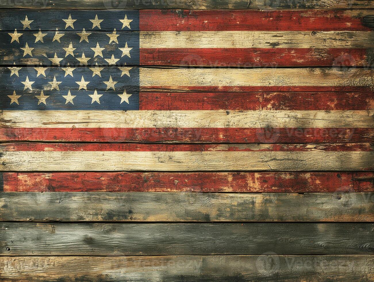 Rustic wooden backdrop featuring worn American flag design photo