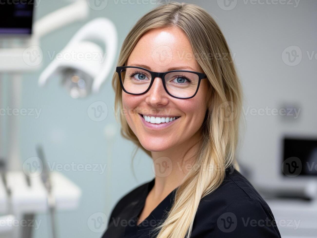 Smiling dental professional in clinic setting during work hours photo