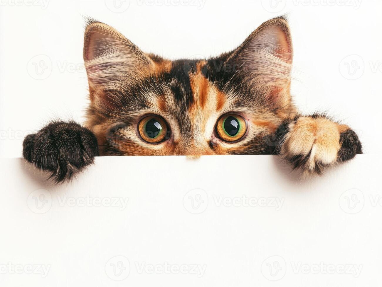 Curious cat peeking over a white surface in a cozy setting photo