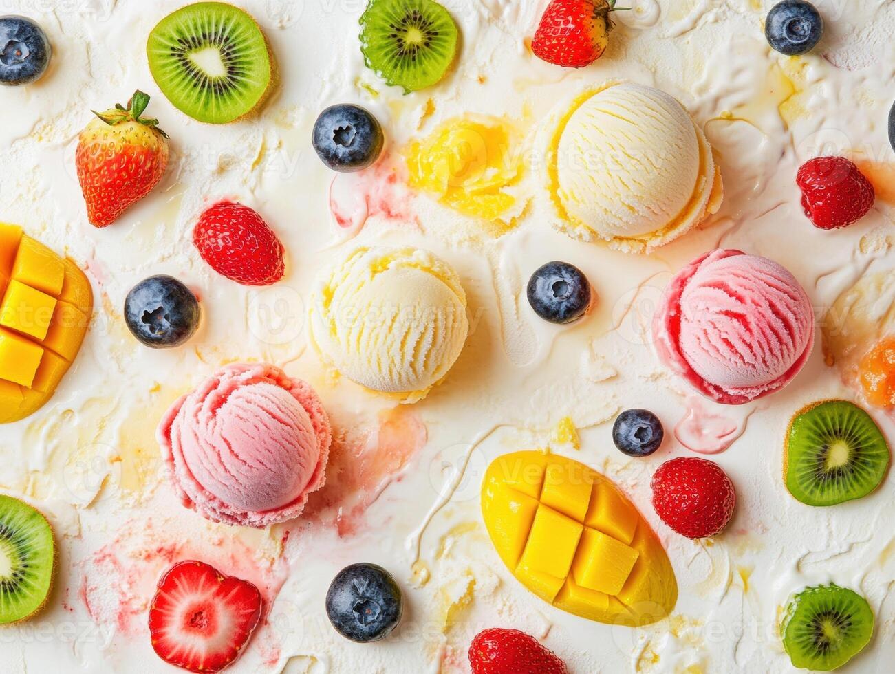 Colorful ice cream assortment on a vibrant dessert backdrop photo