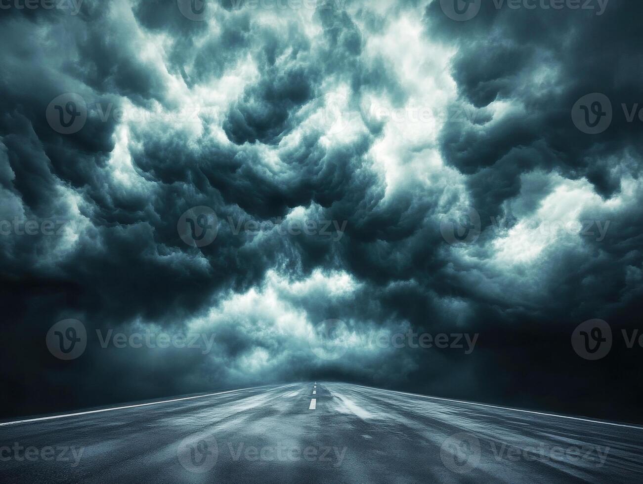 Dark storm clouds loom over an empty highway at dusk photo