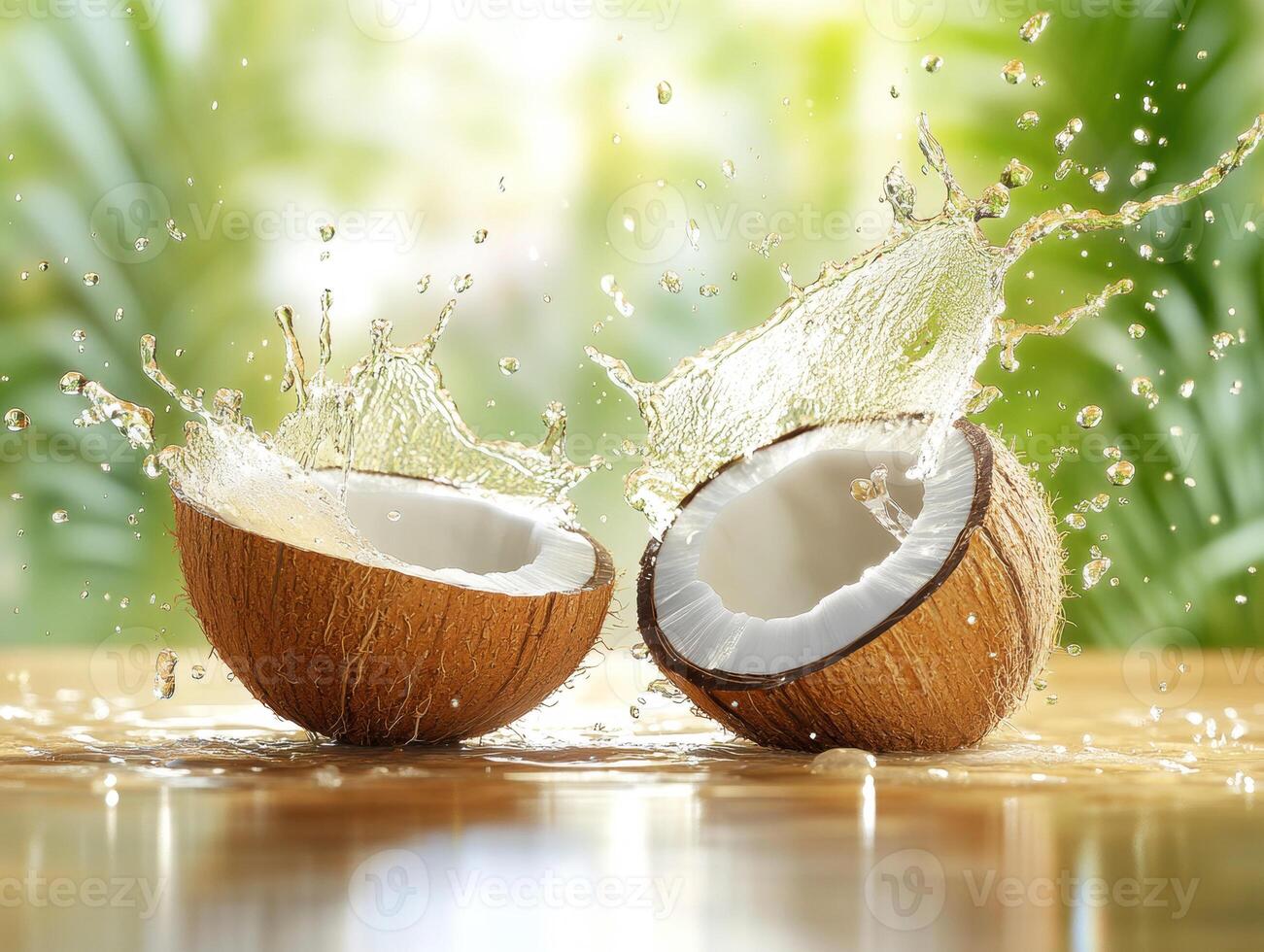 Coconuts split open creating splashes in bright outdoor setting photo