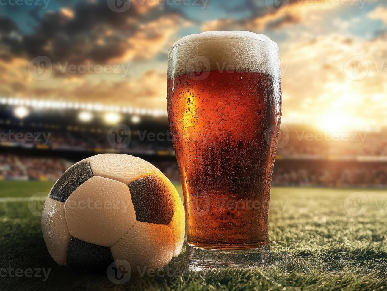 Enjoying a cold drink while watching soccer at sunset photo