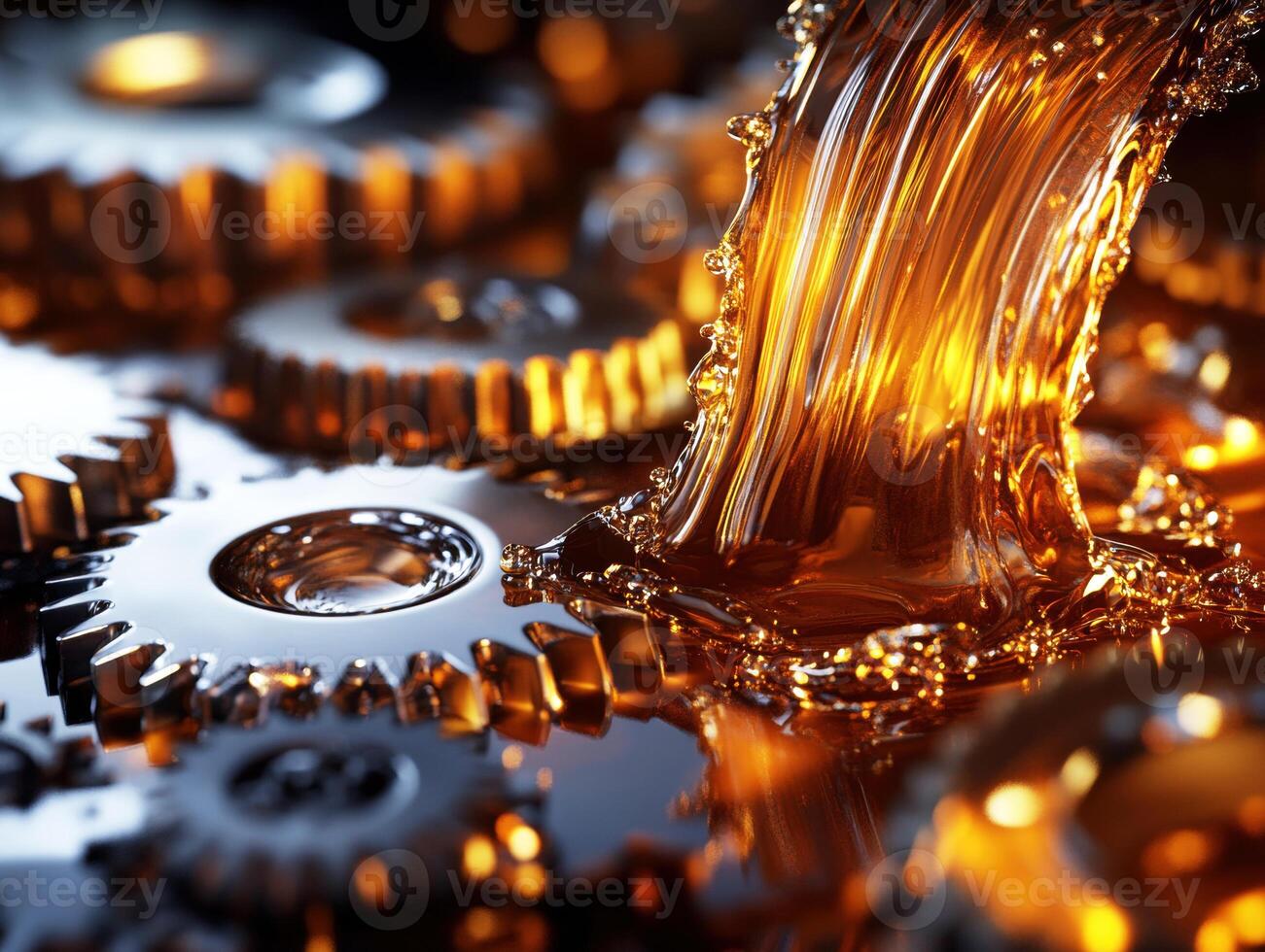 Oil flows over metallic gears in a mechanical setting photo