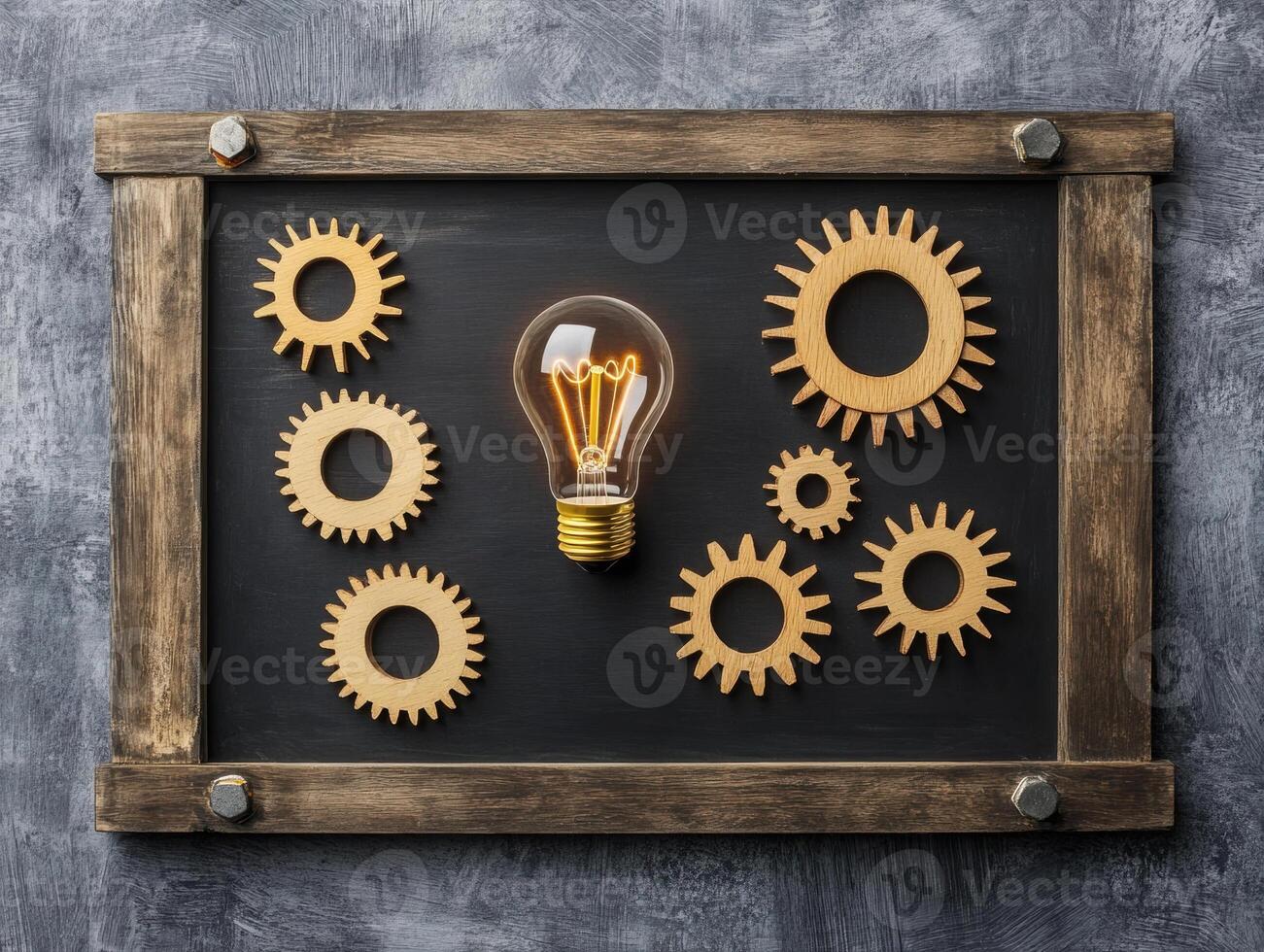 Creative display of gears and lightbulb on wooden frame photo