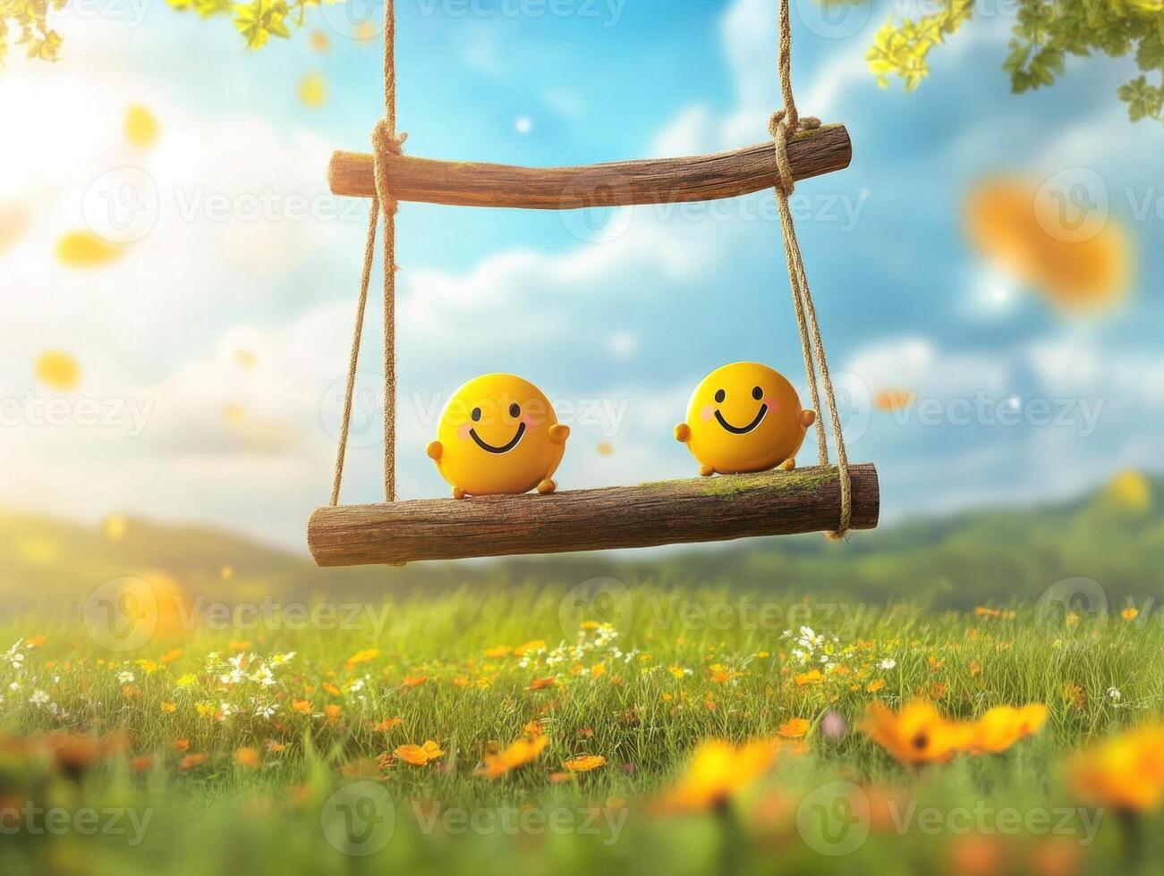 Joyful yellow smiley faces swing in a sunny park setting photo
