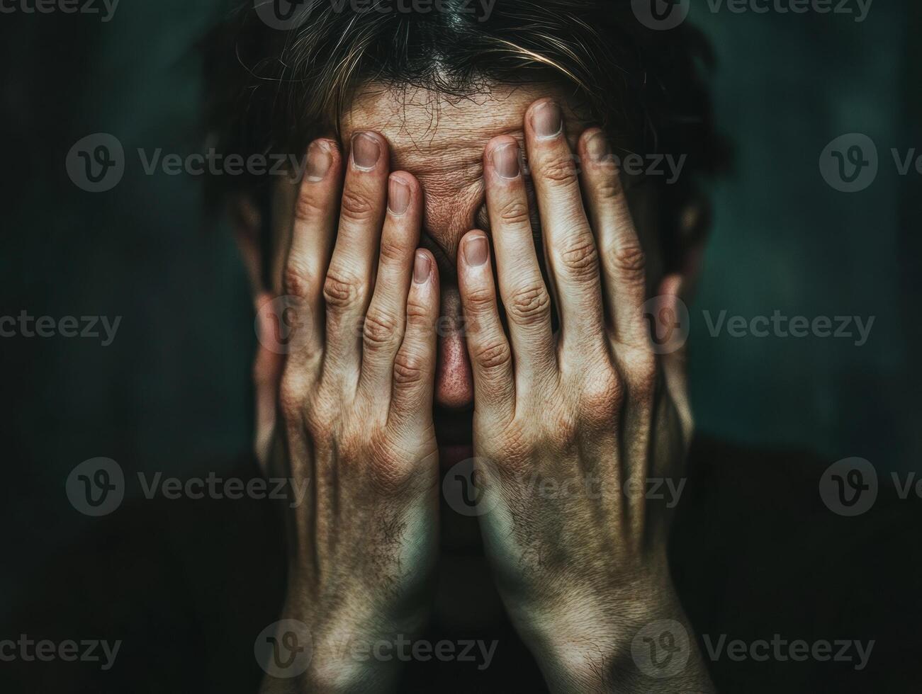 Person covering face with hands showing deep emotion and distress photo