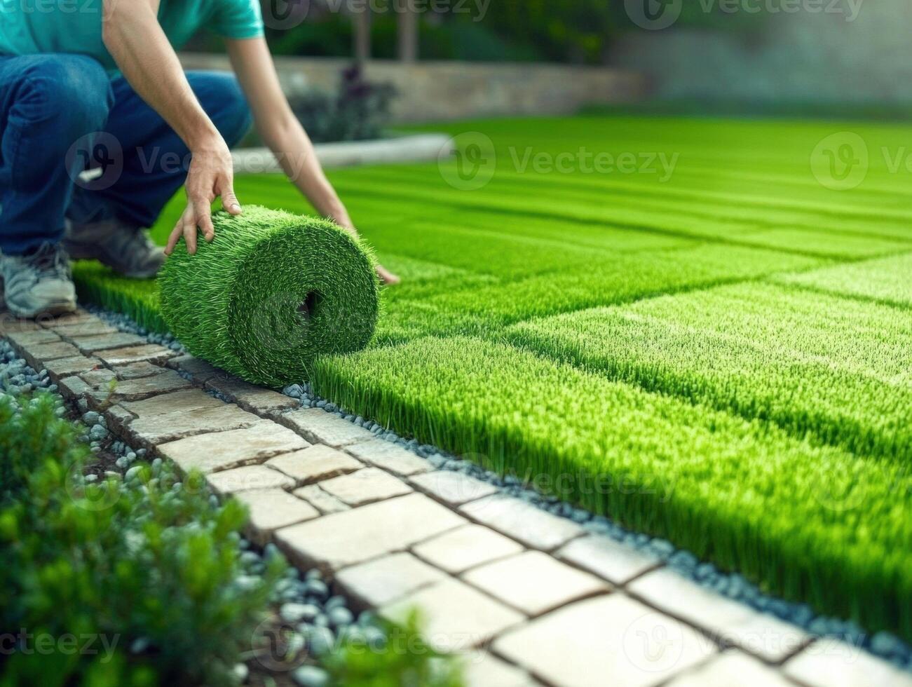 Installing artificial grass for a lush backyard landscape project photo