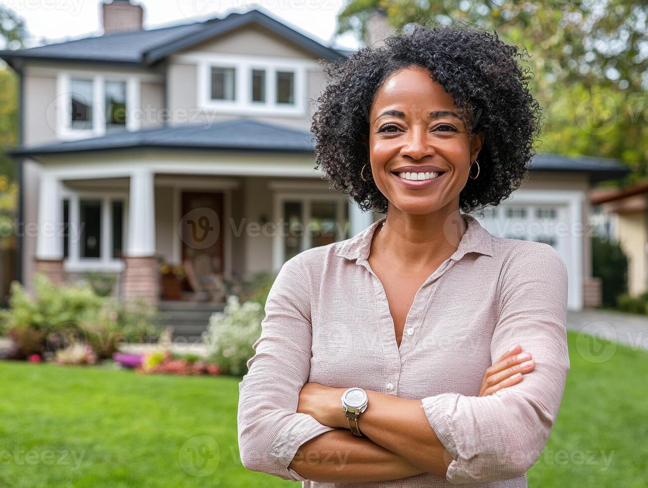 Woman smiling proudly in front of modern house on sunny day photo