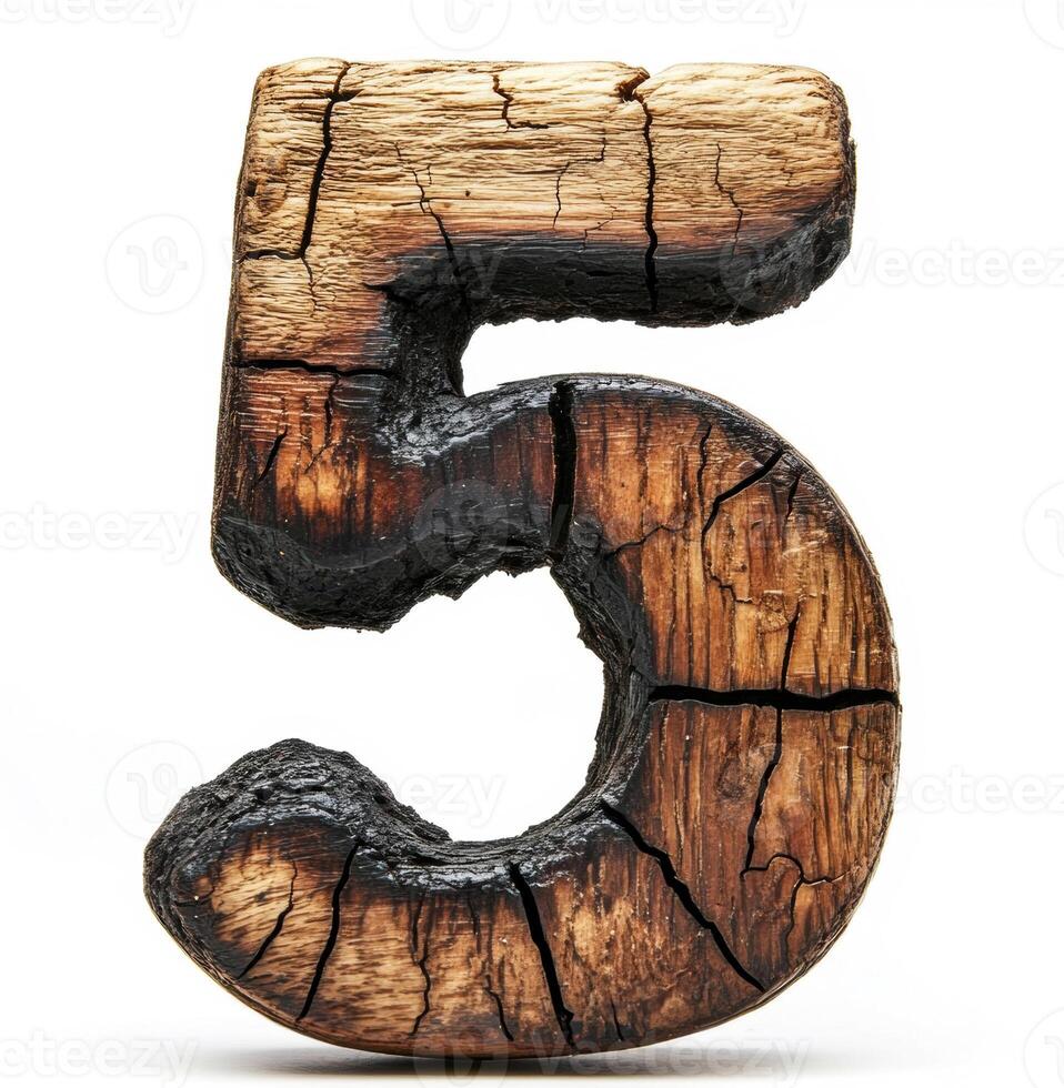 Wooden number five with cracks and texture on a white background photo