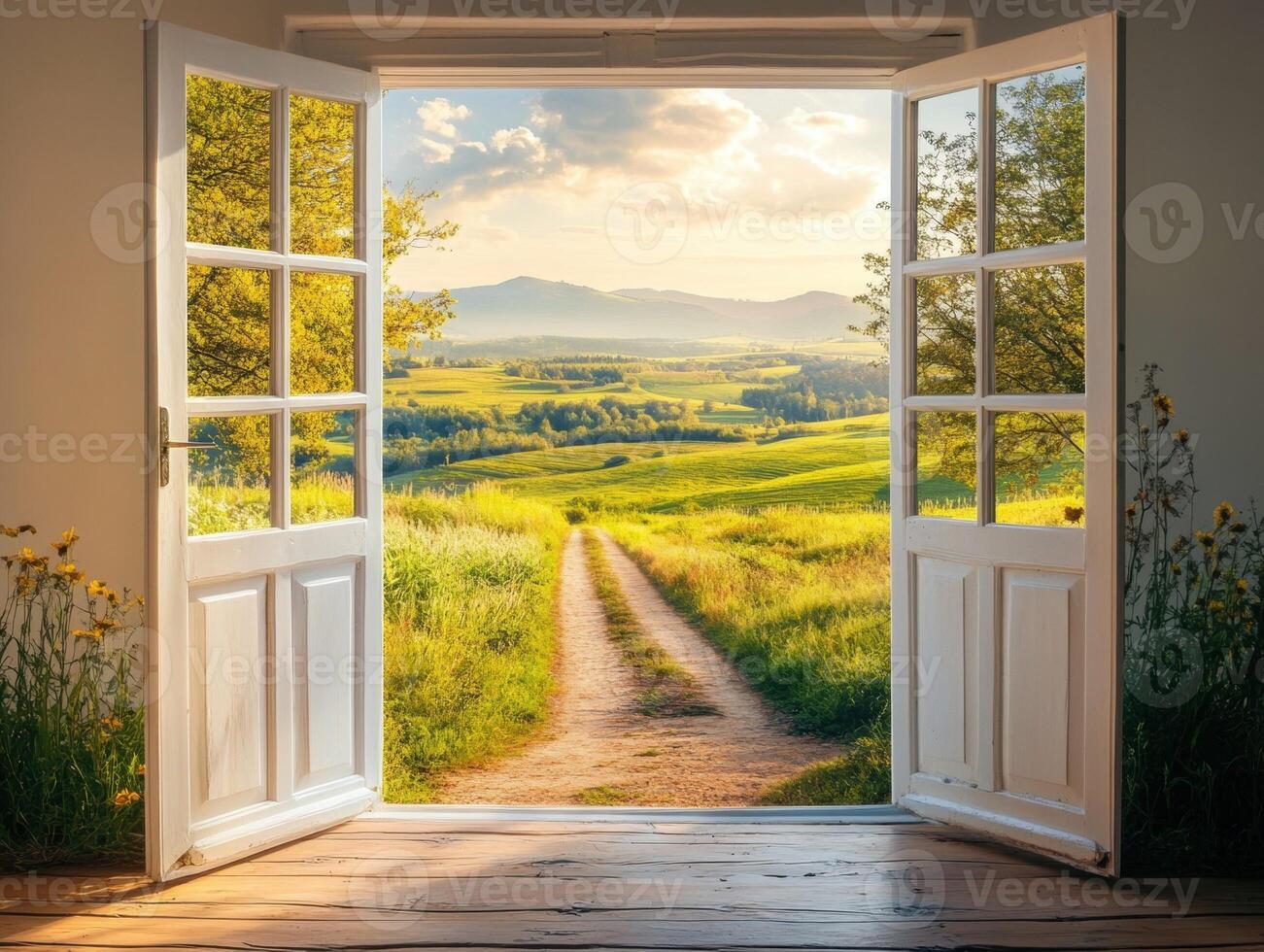 Scenic view from an open door showcasing a beautiful landscape photo
