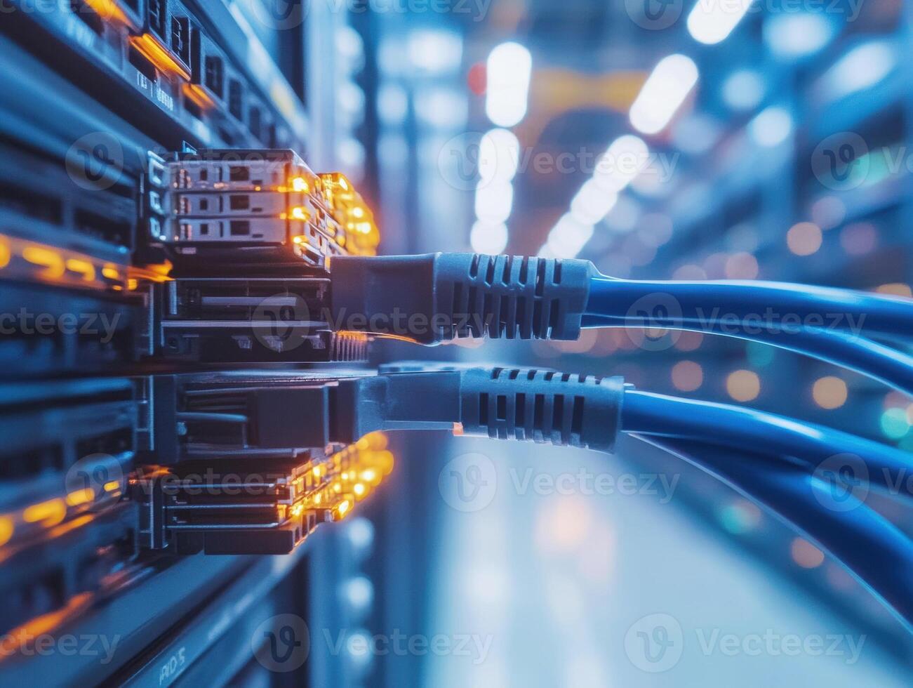 Network cables connected to servers in a data center environment photo