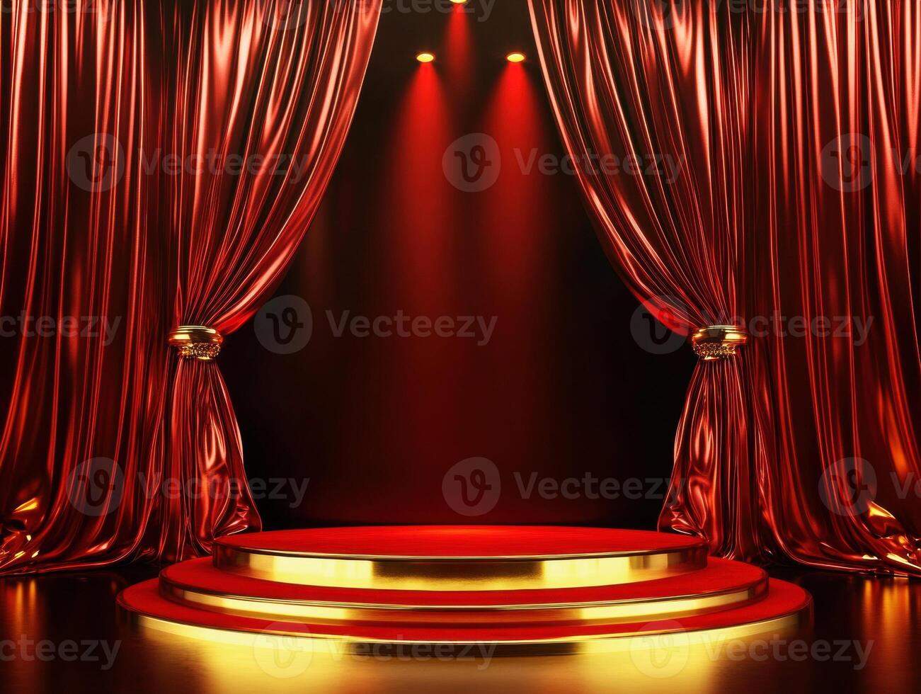 Elegant red curtain stage setup for a performance in a theater photo