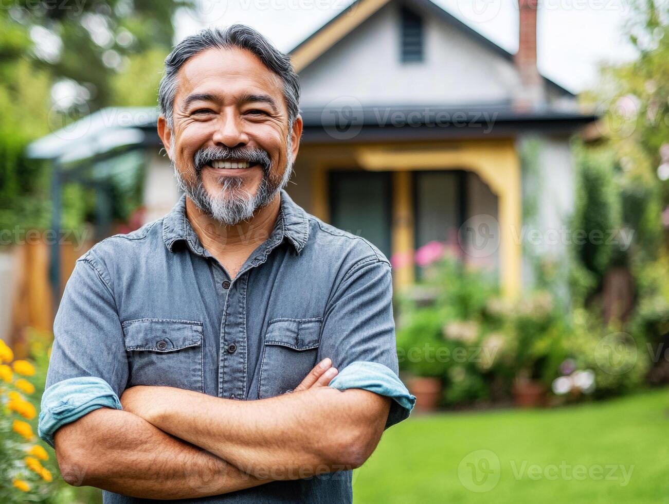 Smiling man stands confidently in front of a charming home photo