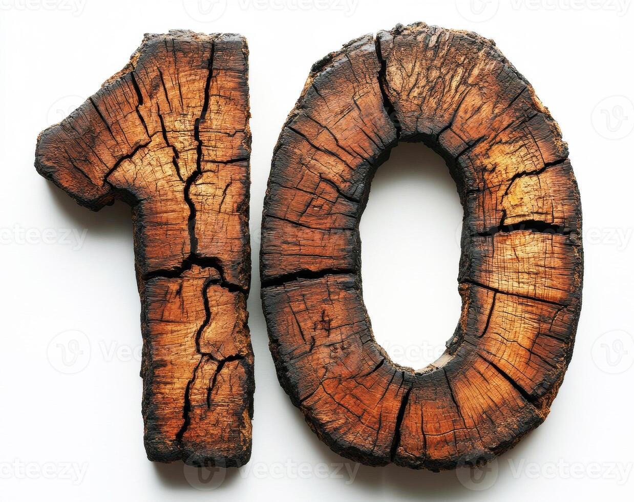 Wooden number ten with cracked texture on light background photo
