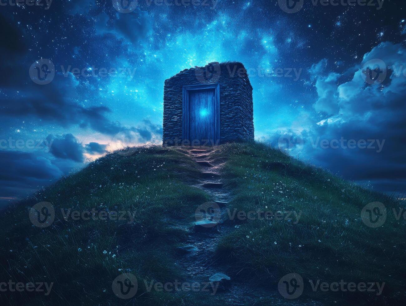 Mysterious door on hill under starry night sky photo