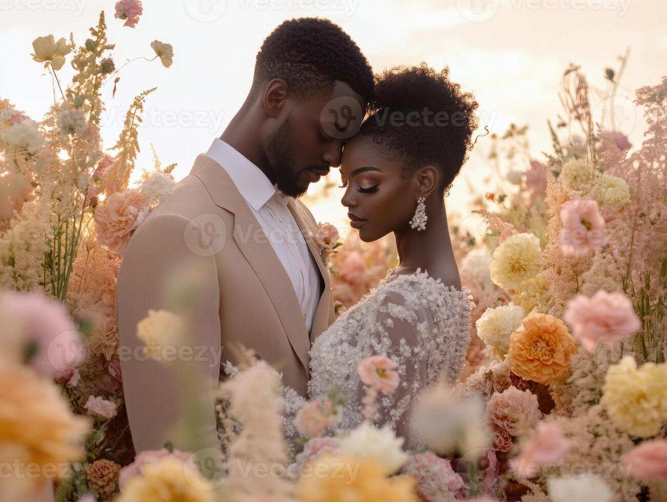 Couple embracing in a colorful flower field during golden hour photo