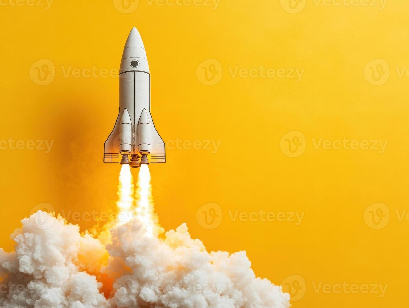 Rocket launches against a bright yellow background photo