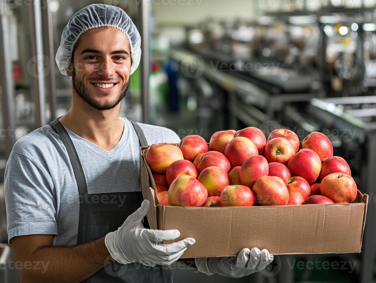 Smiling worker holding fresh apples in a food processing facility photo