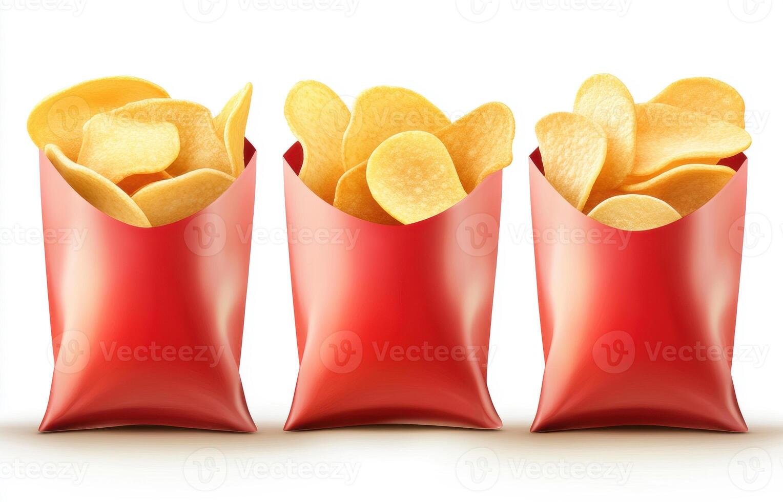 Three bags of crunchy potato snacks on a plain background photo