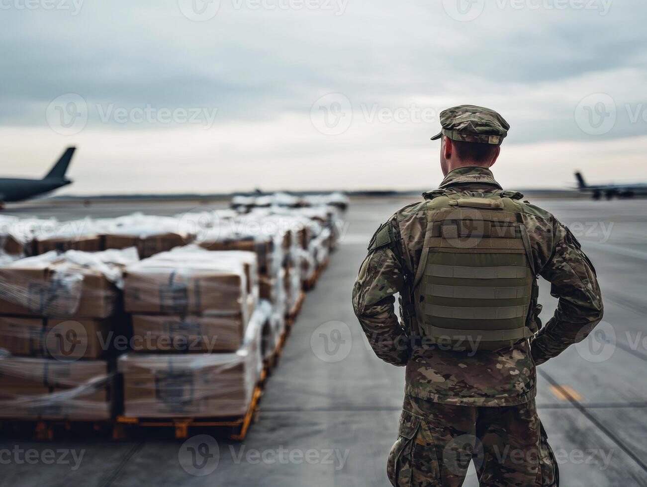 Soldier manages cargo delivery at military airbase, cloudy day photo