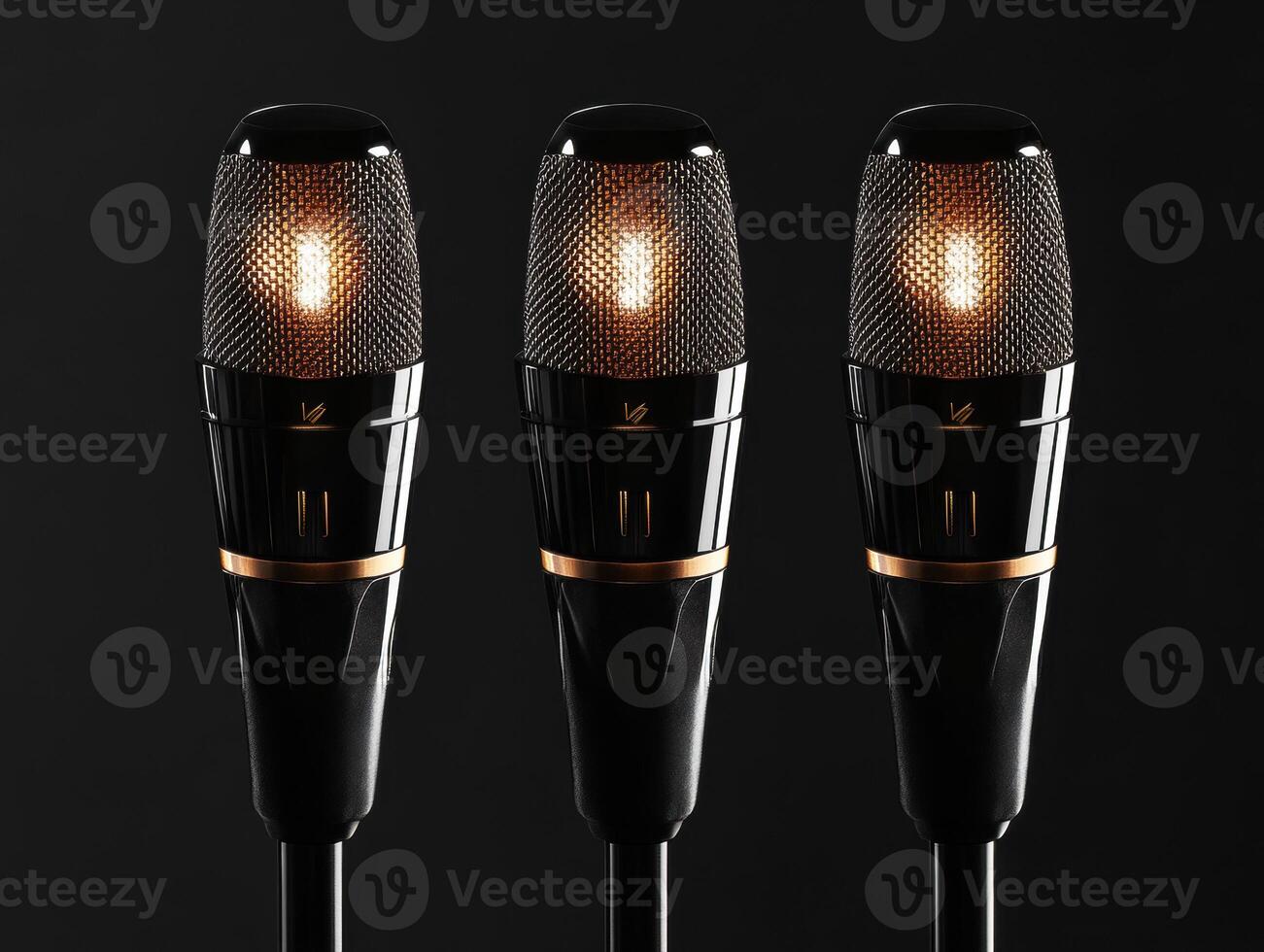 Microphones arranged in a row for a music recording session photo