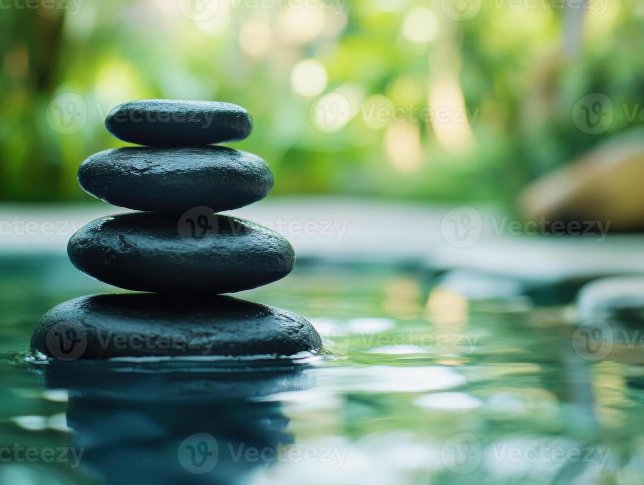 Serenity in nature with stacked stones in a tranquil pool photo