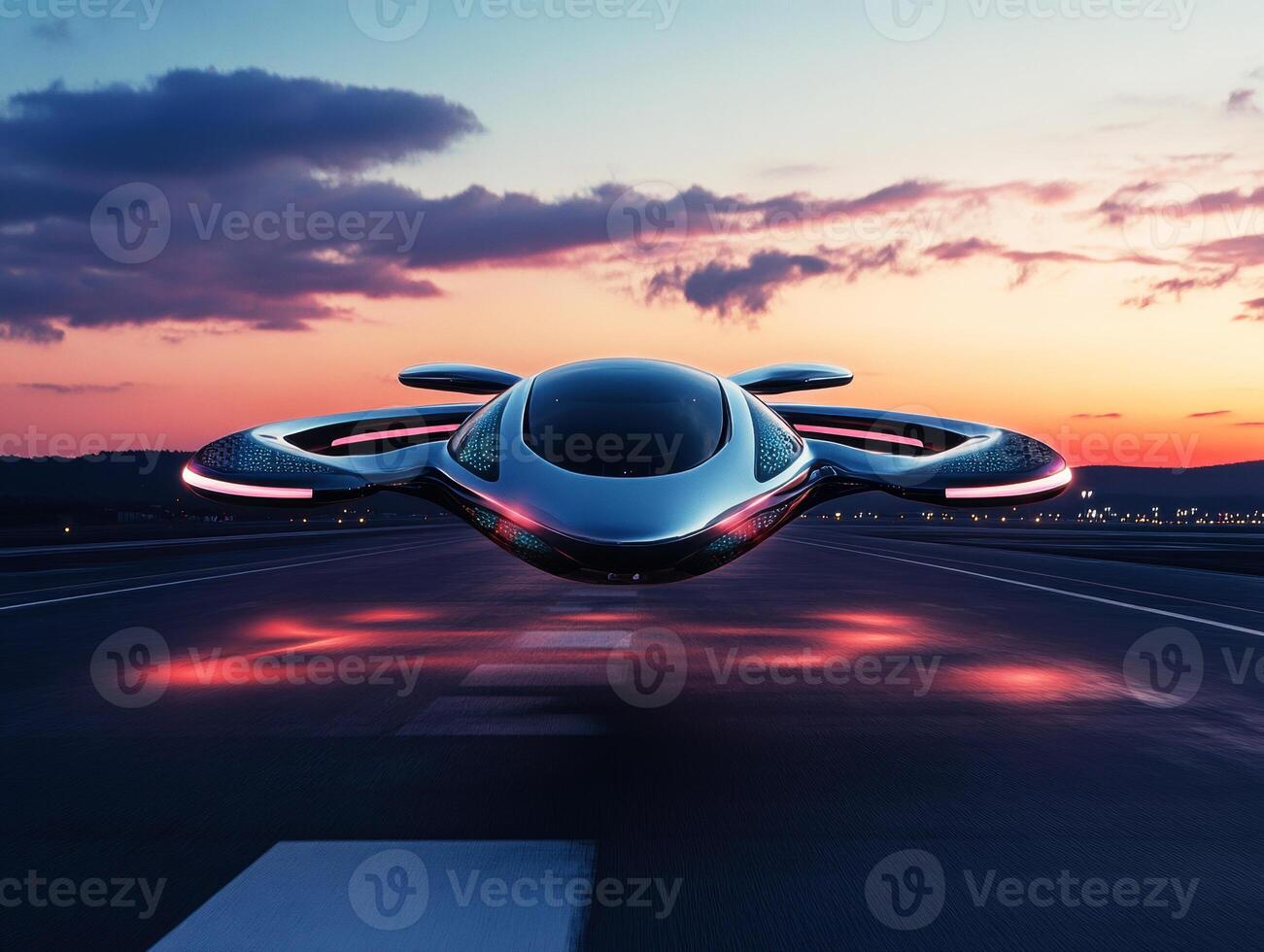 Flying vehicle hovering above runway during sunset photo