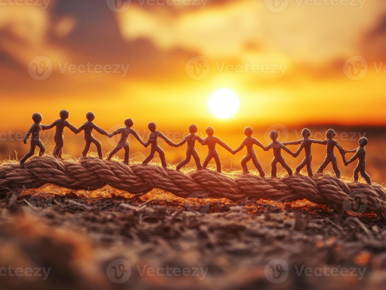Hands grasp a rope at sunset, symbolizing unity photo