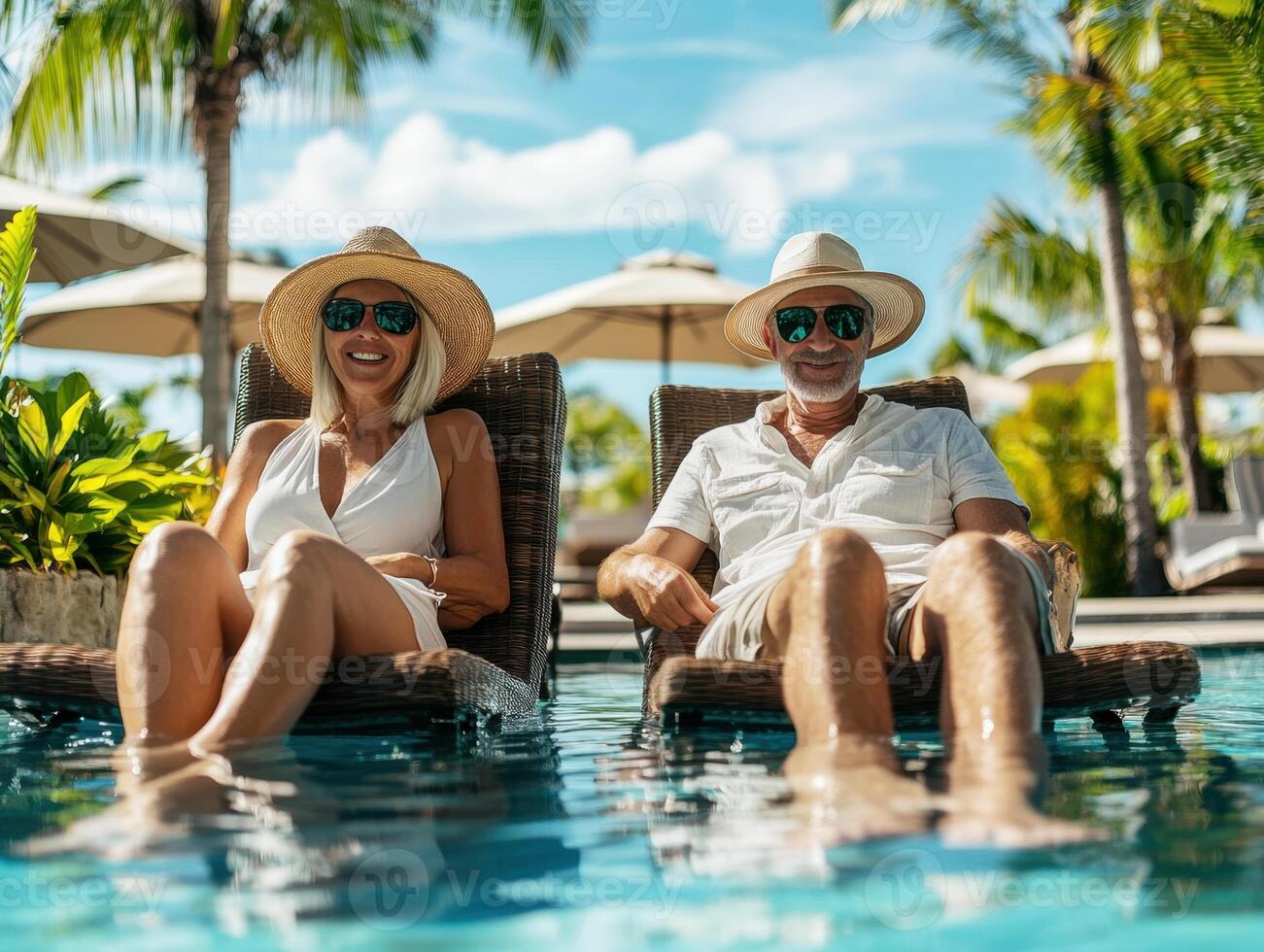 Relaxing couple enjoys sunny day by the pool in tropical resort photo
