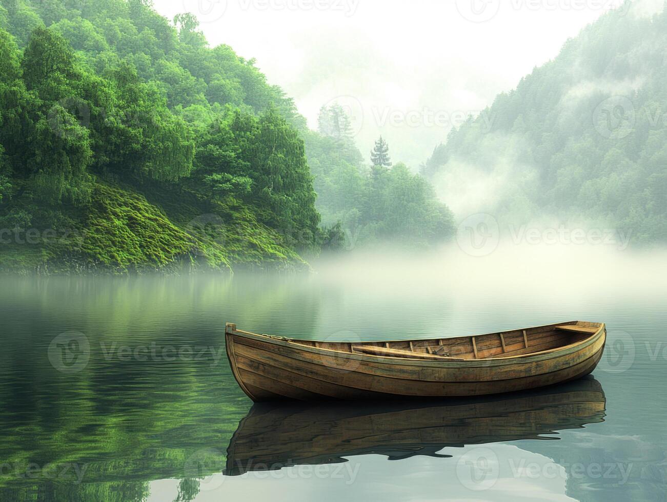 Serene boat floating in a misty lake surrounded by lush greenery photo